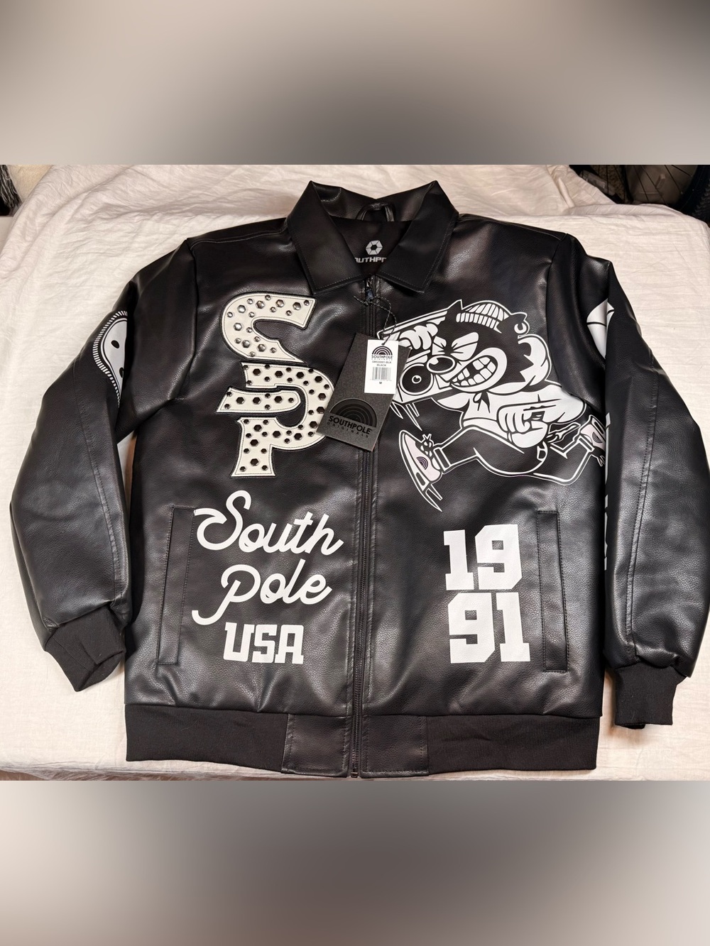 Southpole SP-91 Black Bomber Jacket A Faux Leather Streetwear Men's Size M